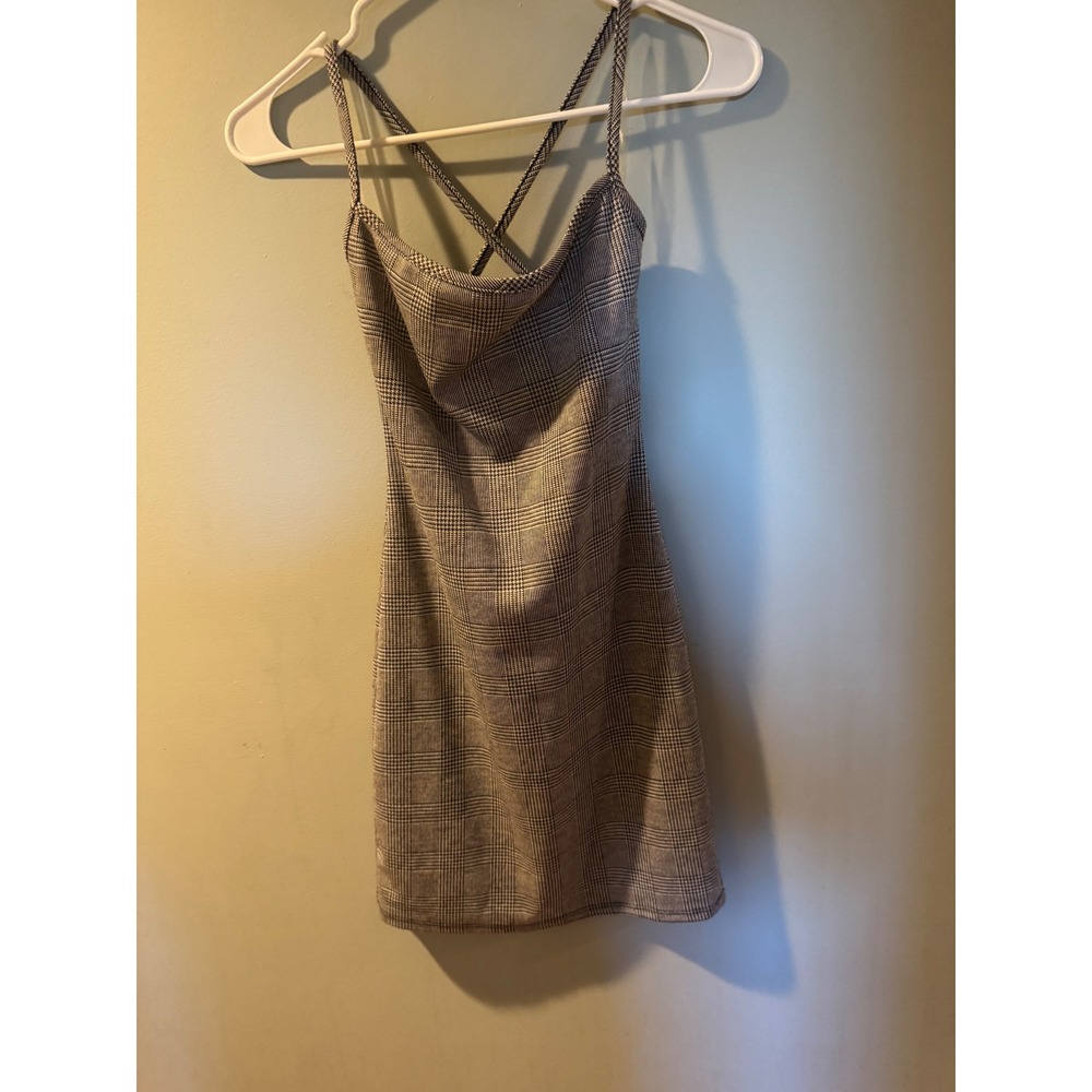 Plaid Spaghetti Strap‎ Mini Dress Crisscross Back Cowl Neck - Picture 3 of 13